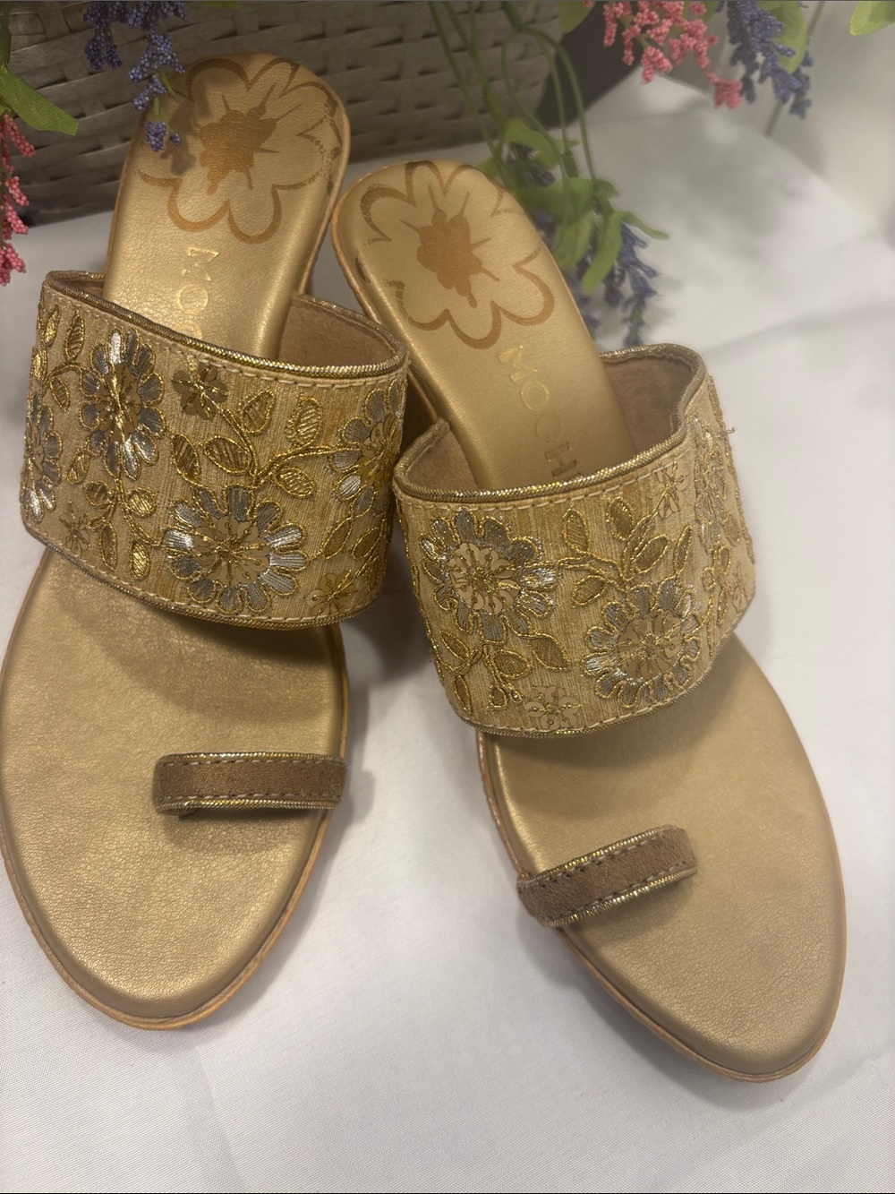Embroidered Metallic Gold Slide Mules with Toe Loop